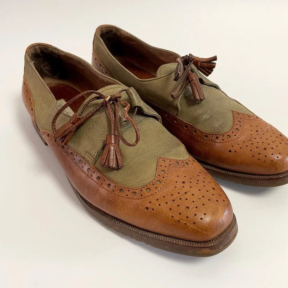 Beltrami Italian Leather Wingtip Oxfords Two Tone Green Brown Tassel Dress Shoes